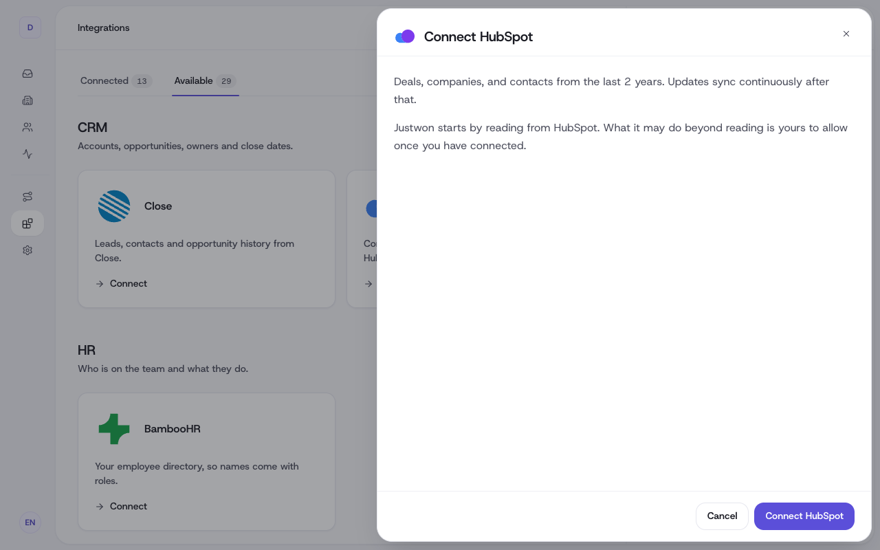 The Connect HubSpot sheet: what Justwon reads from HubSpot first, and the Connect HubSpot button.