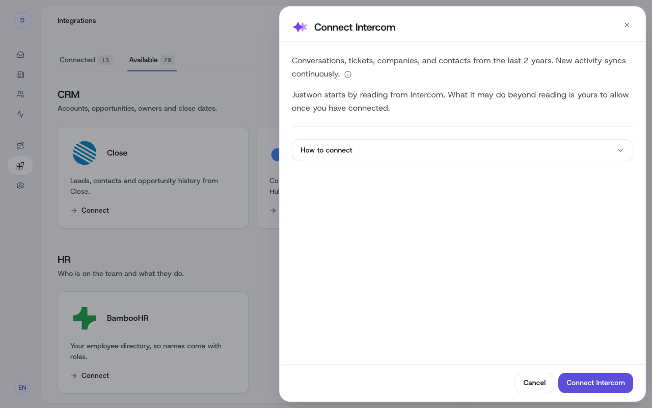 The Connect Intercom sheet: what Justwon reads from Intercom first, and the Connect Intercom button.