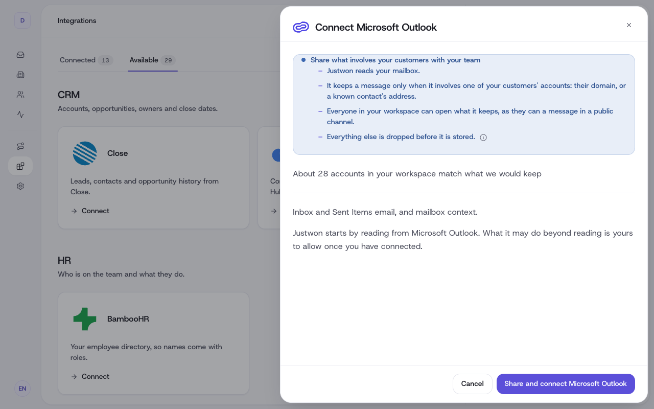 The Connect Microsoft Outlook sheet: what a mailbox connection keeps and shares with the workspace, and the Share and connect button.