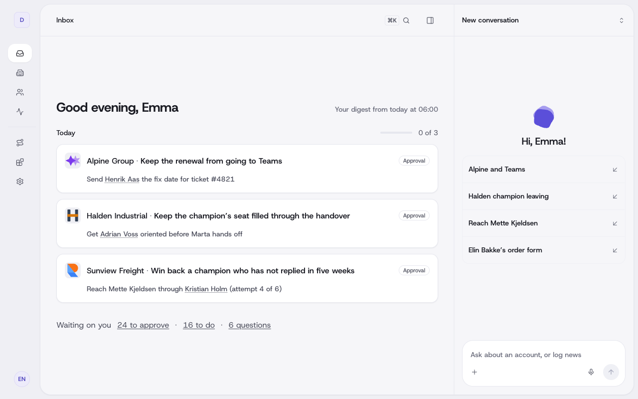 The Inbox: the day’s cards, each with its account and what waits on the reader, and the agent panel beside it.